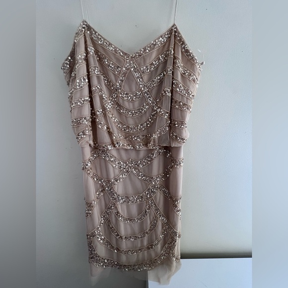 Aiden Mattox Chic Beaded  Beige Beaded Mini Dress - Picture 2 of 10